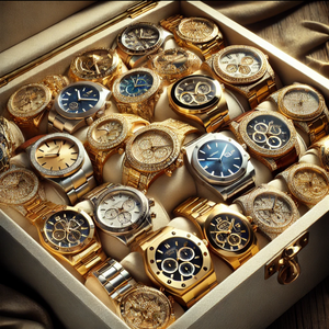 Collection of gold and silver watches in a box