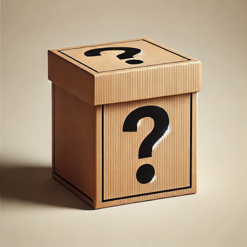 Cardboard box with question marks on a beige background