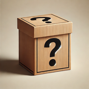 Cardboard box with question marks on a beige background