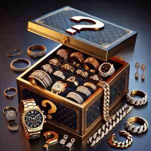 Jewelry box with gold jewelry including rings, watches, and bracelets on a dark background.