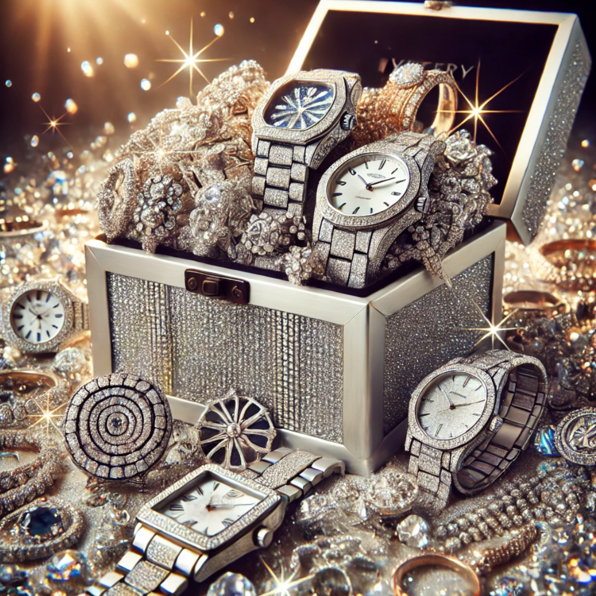 Luxury watch collection with a focus on a silver watch in an open box, surrounded by other watches and jewelry.